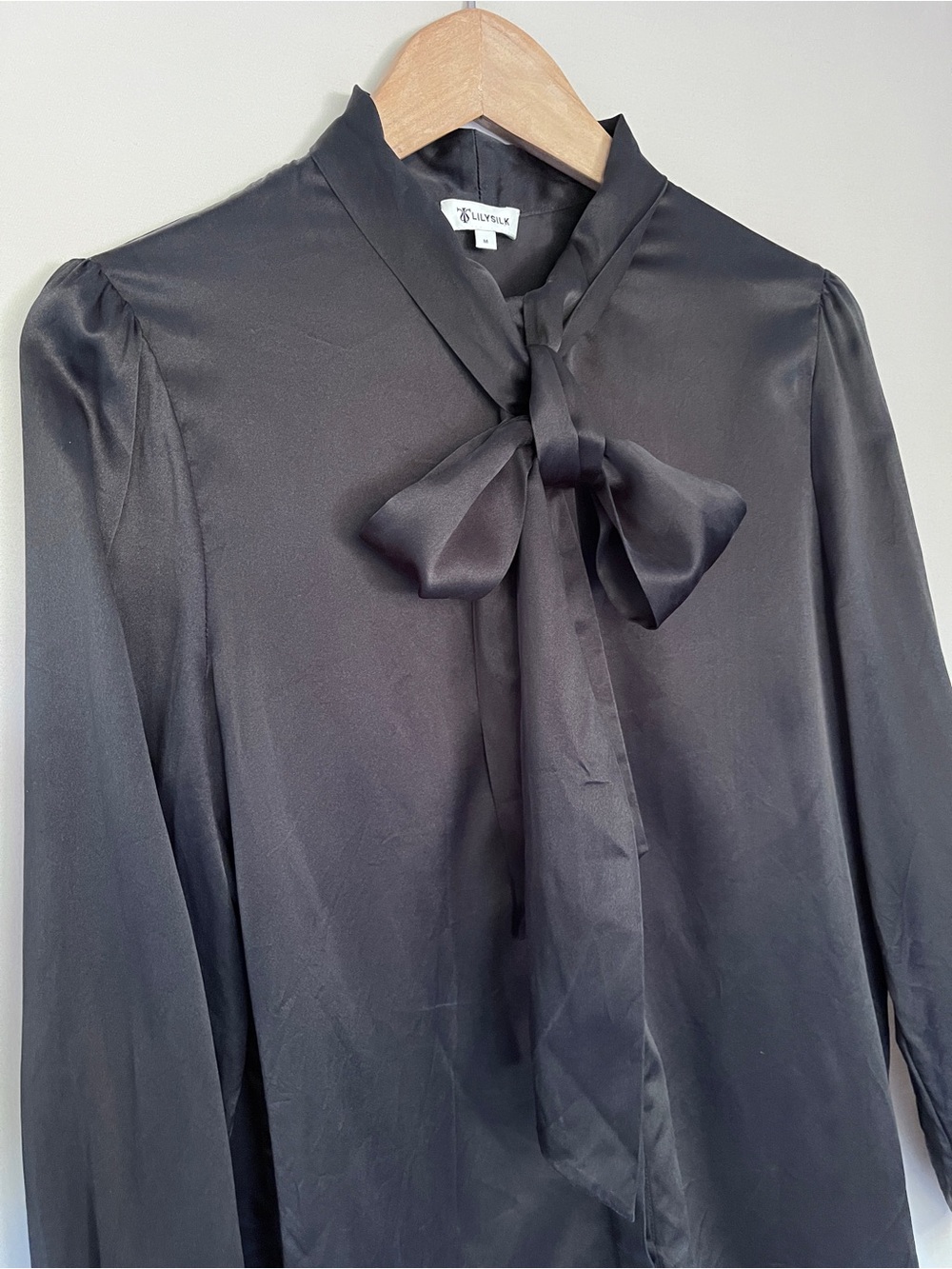 LILYSILK 100% Mulberry Silk Black Bow Tie Neck Blouse Long Sleeve M